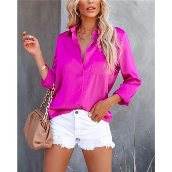 Tops - Satin Button Down Shirts for Women Dark Pink